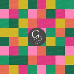 Peut inclure: Un motif à carreaux coloré en rose, vert, jaune et orange avec un cercle noir au centre contenant la lettre "G" en blanc.