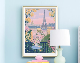 Parisian Balcony View with Eiffel Tower, Blooming Rooftops and Cafe Table, Paris France French Spring Morning Scene, Romantic Digital Art