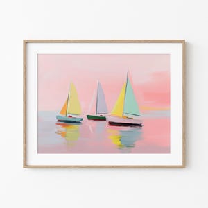 Neon Pastel Sailboat Painting Print, Pink Sky Coastal Wall Art, Neon Sail Boats Abstract Nautical Summer Decor, Digital Download Artwork