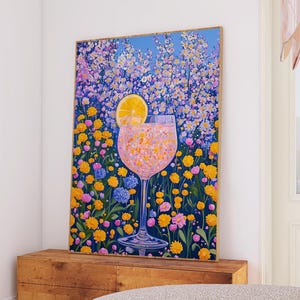 レモンスライス入りのキラキラ輝くピンクのカクテル、夏のドリンクの花柄プリント、楽しいバーカートの装飾、カラフルなキッチンアートのデジタルダウンロード