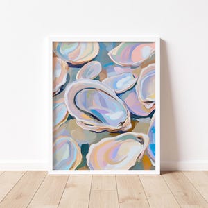 Oyster Painting, Seafood Art Print, Oyster Wall Art, Coastal Beach Print, Beach House Wall Art, Pastel Seashell Painting, Nautical