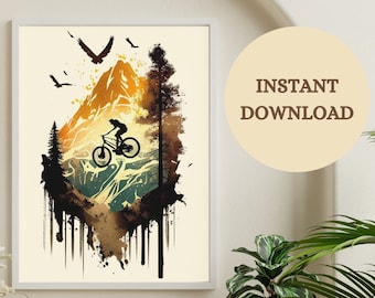 Watercolor Mountain Bike Art Print, Abstract Mountain Bike Wall Art, Printable AI Art, Unique Abstract Mountain Bike Wall Art, Art Gift