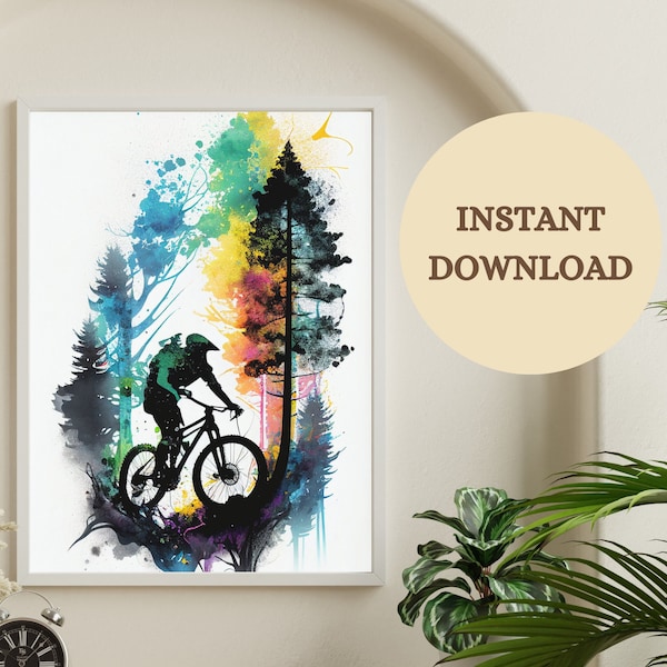 Mountain Bike Art Print, Abstract Watercolor Mountain Bike Wall Art, AI Art Print, Unique Abstract Mountain Bike Gift, Printable Wall Art