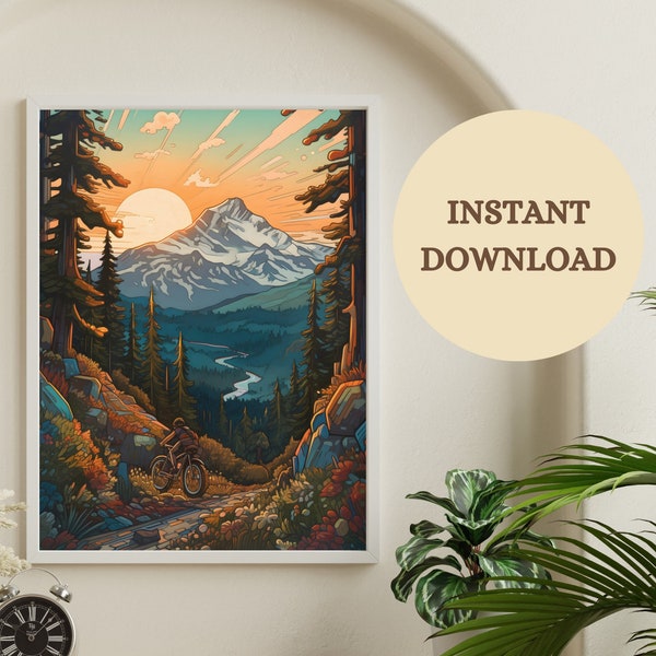 sunrise mountain scenery poster, mountain bike art poster, mountain bike wall art, printable mountain bike art, digital download gift