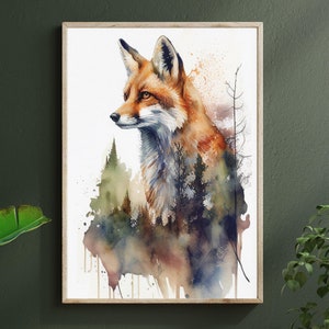 Animal wall art, Fox Poster Print,  Nature Wall Art, animal modern print, woodland animals poster, red fox art, watercolor fox poster