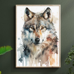 Wolf wall art printable, Watercolor wolf wall decor, animal wolf print, nature wall art, forest animal art