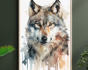 Arte de pared de lobo imprimible, decoración de pared de lobo en acuarela, impresión de lobo animal, arte de pared de naturaleza, arte de animales del bosque