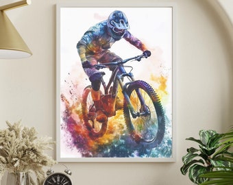 Colorful Mountain Bike Wall Art | unique watercolor wall decor | mtb downhill print | gift for him