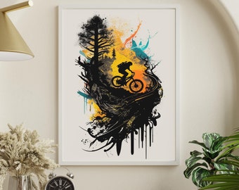 Mountain Bike Art Print, Abstract Watercolor Mountain Bike Wall Art, Unique Abstract wall decor, Printable gift