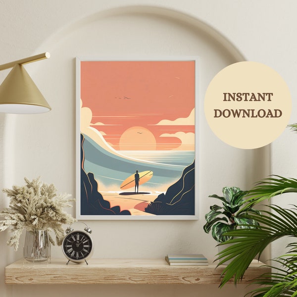 surf poster printable, sunset beach wall art, abstract surfer poster, beach surfer poster decor, vintage poster digital download gift