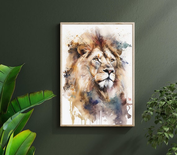 lion wall art printable, watercolor lion wall decor,  colorful animal poster, lion head animal print, wildlife wall art