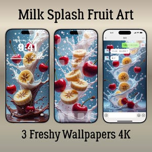 Könnte beinhalten: Drei Smartphone-Bildschirme mit digitaler Kunst. Jedes zeigt einen Milchspritzer mit Bananen und Kirschen. Der Text "Milk Splash Fruit Art" und "3 Freshy Wallpapers 4K" sind ebenfalls zu sehen.