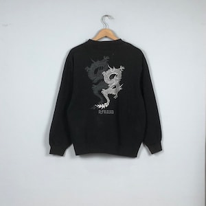Afraid Japanese Brand Logo Symbol Sukajan Dragon Embroidery Yakuza Mafia Style Pull Over Crewneck Sweatshirt Size L
