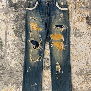 Jeans Denim Japan brand “ Blue Denim Reworked  Patchwork  Ripped Distressed Jeans  Size 34