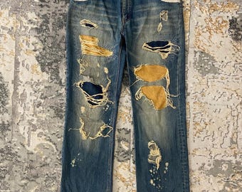 Jeans Denim Japan brand “ Blue Denim Reworked  Patchwork  Ripped Distressed Jeans  Size 34