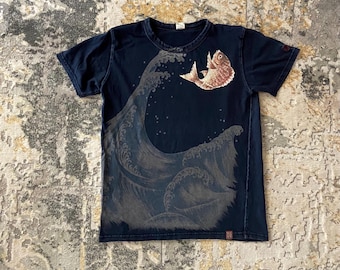 Vintage Eternal Indigo Blue Fish Koi Tradisional Japan Tee Blue Size M