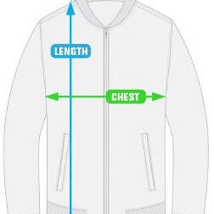 May include: White bomber jacket with a zipper closure and two pockets. The jacket has a ribbed collar, cuffs, and hem. The measurements are shown for chest and length.