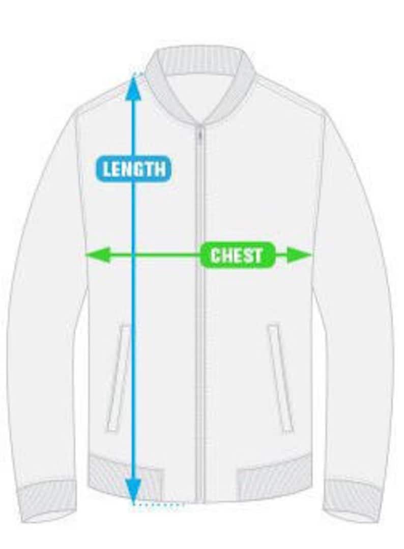 May include: White bomber jacket with a zipper closure and two pockets. The jacket has a ribbed collar, cuffs, and hem. The measurements are shown for chest and length.
