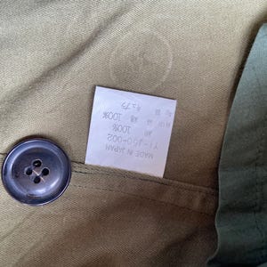 May include: Close-up of olive green fabric with a dark button and a white tag. The tag has Japanese text and reads "MADE IN JAPAN". The button is round with four holes. The fabric appears to be cotton or a similar material.