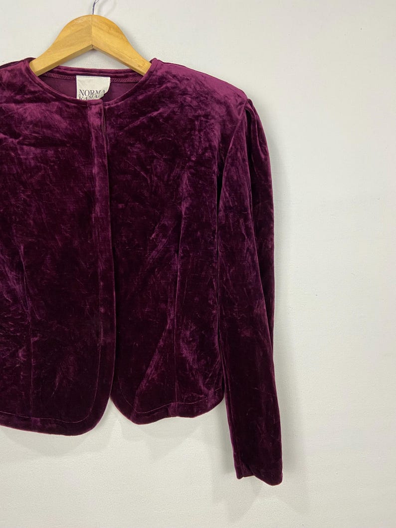 以下が含まれることがあります： ボタン留めと長袖の濃い紫色のベルベットのブレザー。ラベルには「Norma Kamali」と書いてあります。