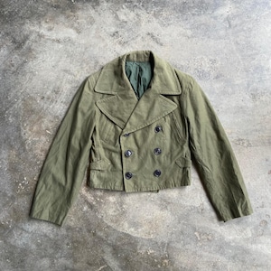 May include: An olive green double-breasted jacket with black buttons. The jacket has a notched collar and two front pockets. The interior lining is a darker green. The jacket is a cropped style.