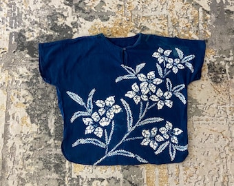 Vintage Indigo Japan Aizome Blue  Indigo Shirt Large   Floral Kimono Shirt Size L