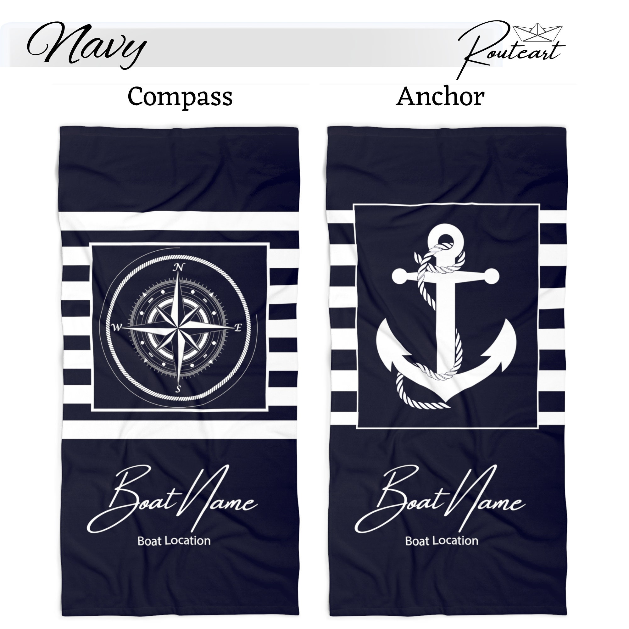 Serviette De Plage Personnalisée Thème Marine Océan - Bleu Boussole Bateau Yacht - Nom Custom