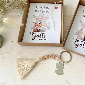 Annonce de grossesse gémellaire – 2 coffrets cadeaux pour marraine, porte-clés avec perles en bois et breloque renard style bohème