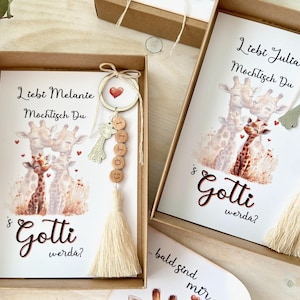 Annonce de grossesse gémellaire – 2 coffrets cadeaux pour marraine, porte-clés avec perles en bois et breloque girafe style bohème