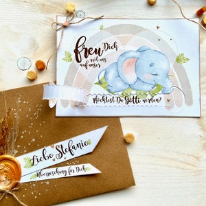 Gotti Götti Frage Karte mit personalisiertem Umschlag, BABY ELEFANT, im Boho-Stil, Schwangerschaft verkünden