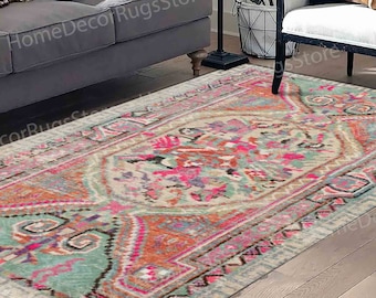 Colorful Ethnic Pattern Rug, Pink Rugs, Orange Rug, Antique Style Rugs, Turkish Rug, Gift For Her, Saloon Rug, 3D Printed Rug, Gift Rug,