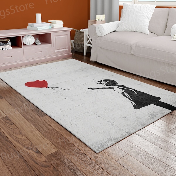 Cool Rugs, Personalized Rug, Girl with Heart Rug, Wall Hanging Rugs, Banksy Red Balloon Rugs, Car Mat Rugs, Thick Rug, Banksy Girl Graffiti,
