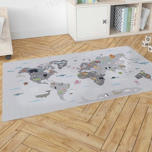 World Map With Animals Rugs, Area Rug, Front Door Rugs, Children Rugs, Nursery Rugs, Office Decor Rug, Kids Rug, Customs Rugs, Thin Rug,