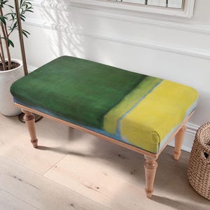 Green And Yellow Bench, Abstract Bench, Boho Home Decor, Upholstered Bench, Minimalist Furniture, Furniture Design, Modern Home Decor,