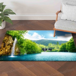 Waterfall in Deep Forest Rug, Waterfall View Rug, Machine Washable Rugs, View Rugs, Waterfall Rug, Gift For The Home Rugs, Blue Rug,