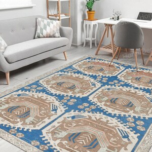 Blue and Brown Rug, Kilim Pattern Rugs, Geometric Pattern Rug, Anatolian Rug, Turkish Rug, Step Rug, Thick Rug, Runner Rug, Bedroom Rug,