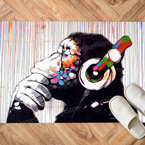 Dj Monkey Rugs, Banksy Thinking Monkey Rug, Street Rugs, Gift For Her Rugs, Abstract Rugs, Cool Rugs, Runner Rug, Office Rug, Man Cave Rug,