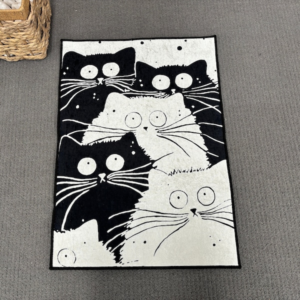 Abstract Cat Rug, Housewarming Gift Rugs, Anti-Slip Carpet Rugs, Floor Rugs, Cat Rugs, Cat Drawing Rug, Animal Rug, Black and White Rug,