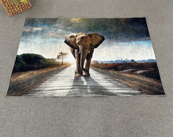 Office Decor Rug, Pattern Rug, Easy to Clean Rug, Non-Slip Carpet, Elephant Rugs, Wild Rug, Animal Rugs, Chenille Rug, Machine Washable Rug,