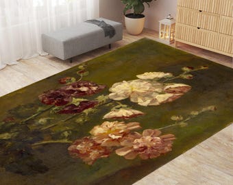 Floral Art Rug, Vintage Floral Rug, Printed Carpet, Customizable Rug, Non Slip, Washable, Living Room Rug, Classic Style Rug,