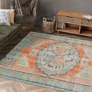 Abstract Rose Pattern Rug, Faded Rugs, Muted Rugs, Moroccan Design Rug, Turkish Rug, Printed Rug, Personalized Gifts, Small Rug, Orange Rug,