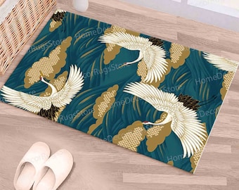Japanese Art Crane Birds Rug, Machine Washable Rugs, Abstract Rug, Luxury Rug, Japanese Rugs, Animal Rug, Bathroom Rugs, Wall Hanging Rug,