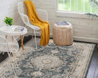 Emerald green vintage rug, medallion area rug, washable oriental carpet with ivory border for living room, bedroom or study
