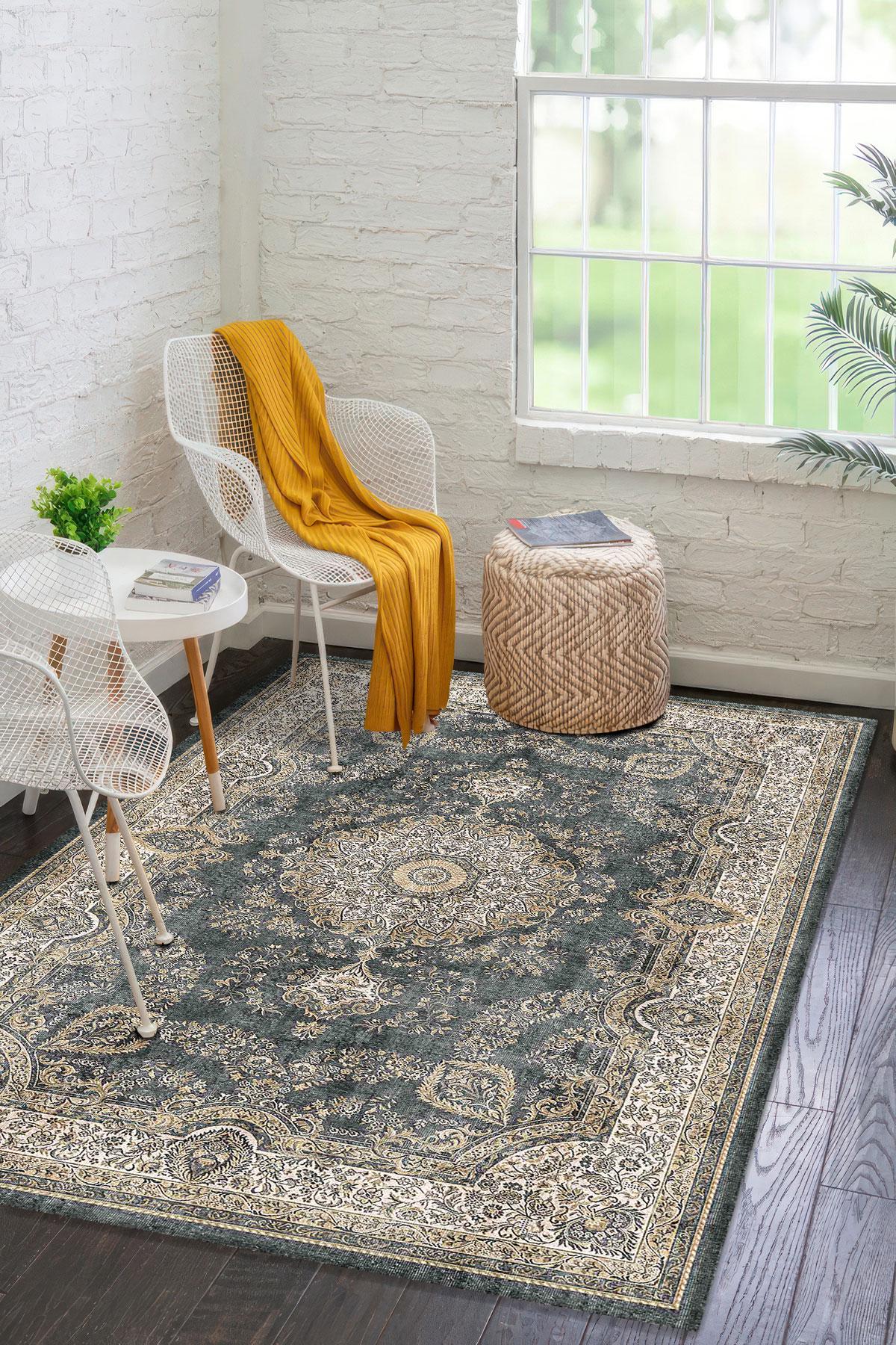 Emerald Green Vintage Rug, Medallion Area Rug, Washable Oriental