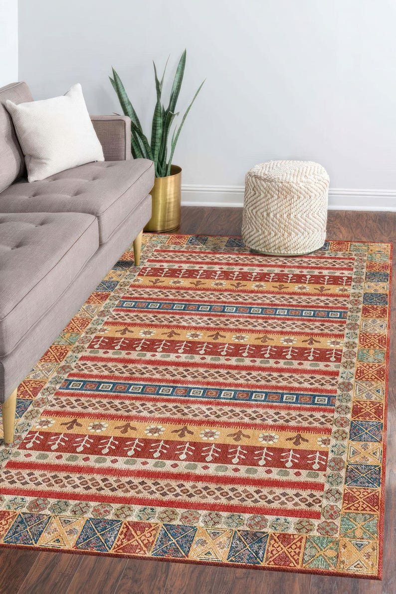 Digital Print Rug Designs Rust Mustard Digital Print Rug, Kilim Tribal Floor Mat 5x8, Washable ...