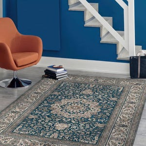 Traditional Blue Digital Printed Rug, Classic Persian Style Floral Carpet with Beige Border, Vintage Area Floor Mat for Home Decor