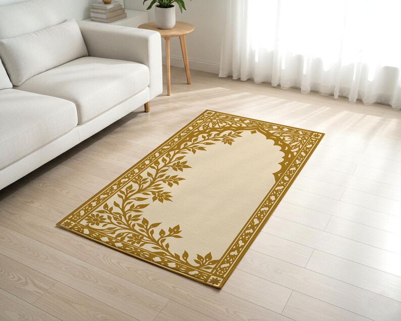 Elegant Floral Islamic Prayer Rug, Beige Gold Sajada Mat, Soft Luxury ...