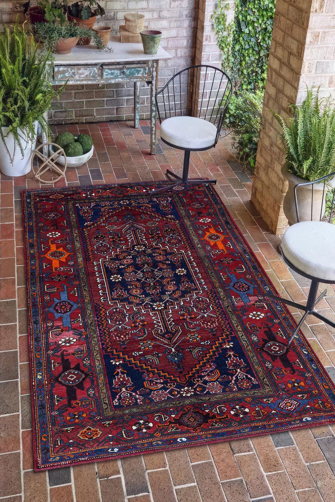 Burgundy Navy Digital Print Rug, Kurdish Heriz-style Floor Mat 5x8