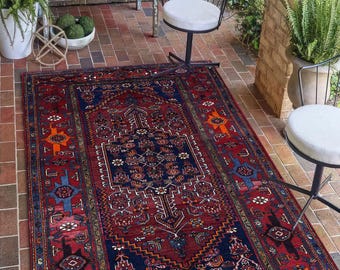 Burgundy Navy digital print rug, Kurdish Heriz-style floor mat 5x8, washable oriental area rug with vintage medallion pattern