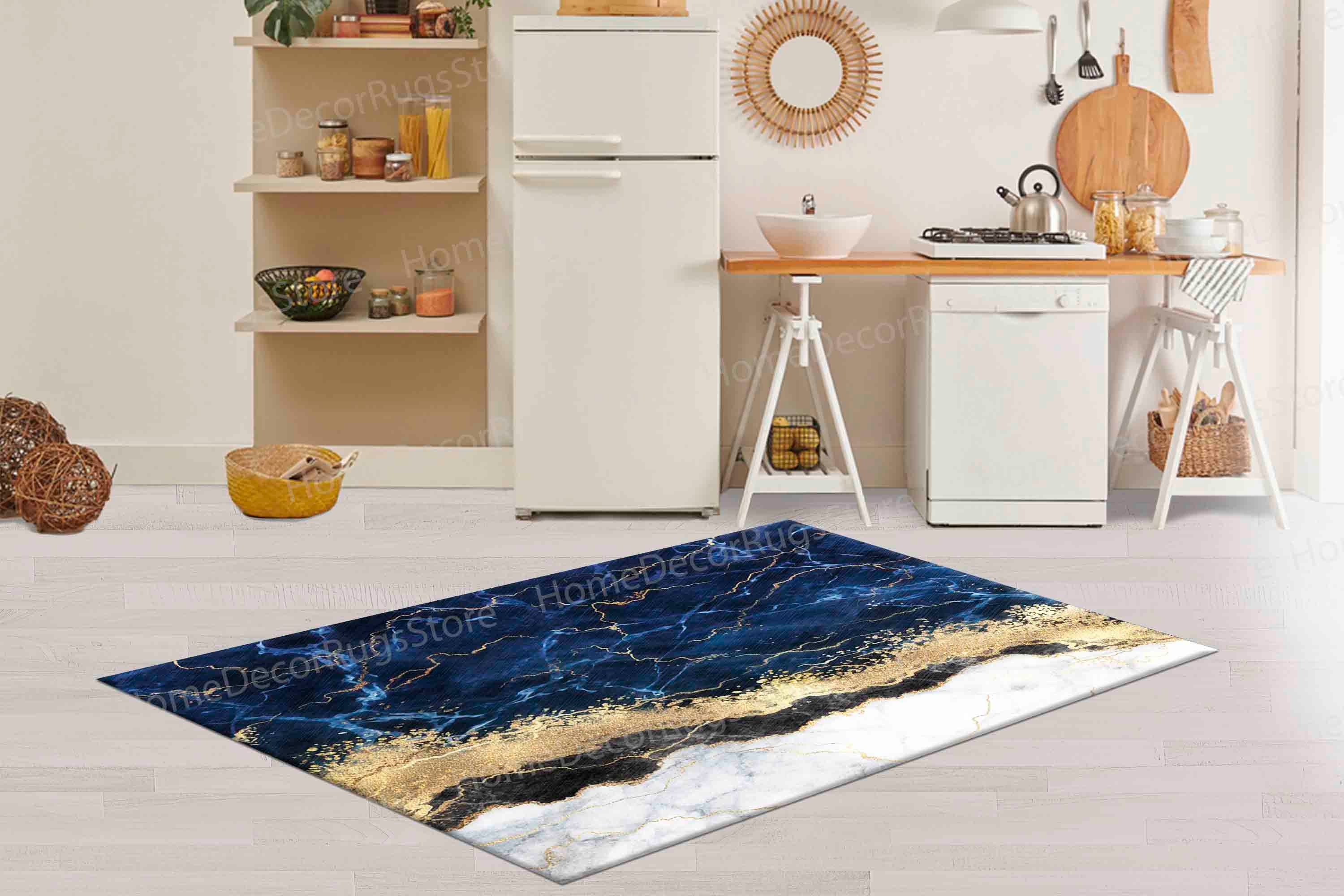 Blue Marble Rug Pattern Floor Rug, Blue Marble Rug, Chenille Rugs, Kitchen Rug, Blue Rug, Navy ...